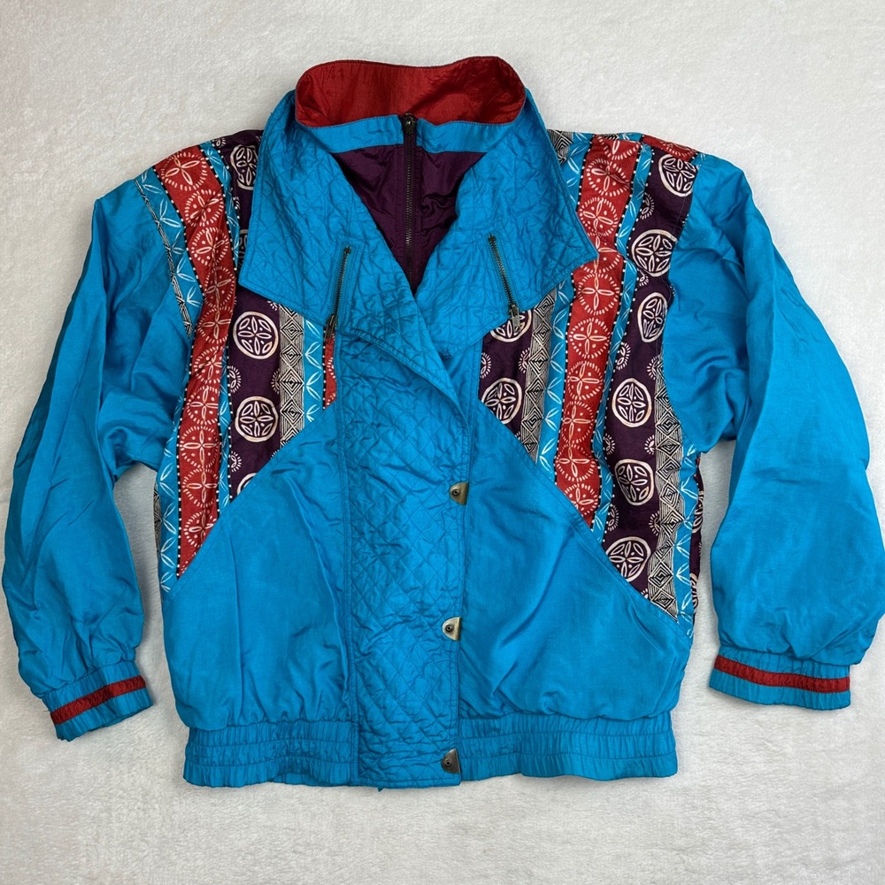 Lavon Vintage 80s 90s Bomber Jacket Turquoise Geometric Patterned Windbreaker M